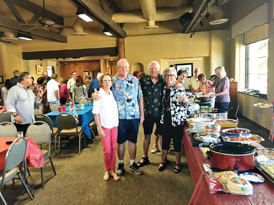 Hosts Maria and Mike Miller and Activity Coordinators Fred and Bonnie Barazani were a match made in heaven planning the Preserve potluck. And, popping out of nowhere was Cathy Quesnell, our local farcical photo-bomber, flashing her extra-large smile.