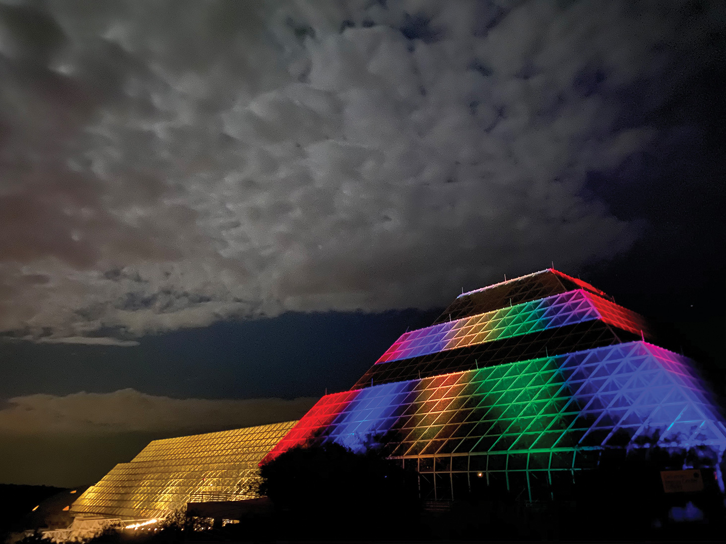 Biosphere 2 will be lit up at night during self-guided driving tours. (Photo by Taylor Adams)