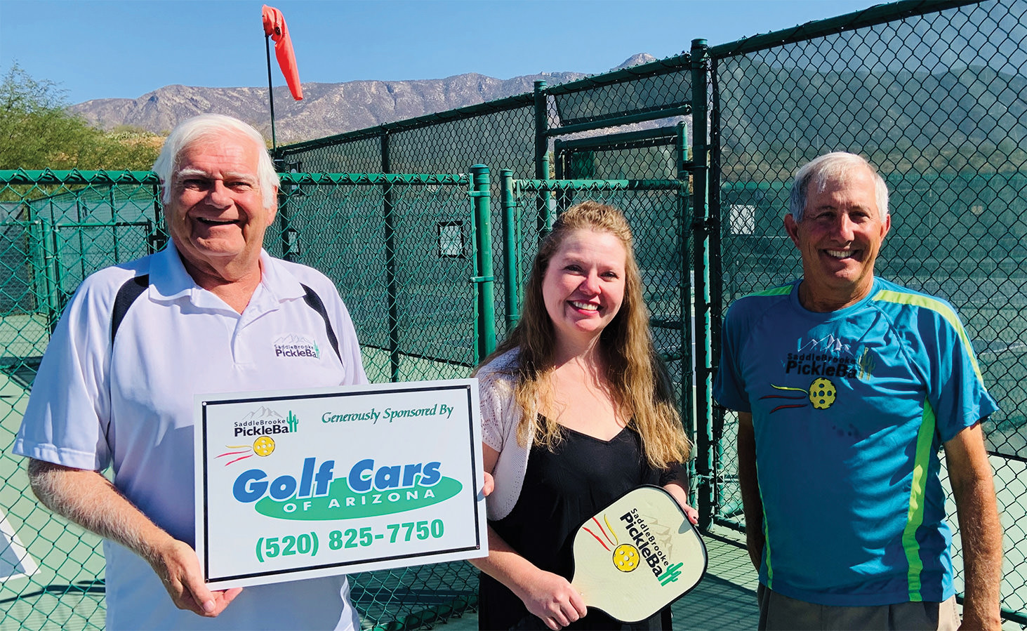 SPA co-chair of the fundraising committee, Jim Schlote; Golf Cars of Arizona Service Manager, Allison Honeycutt; SPA President, Peter Giljohann