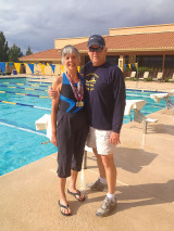 Karen Warner, new SaddleBrooke Swim Club member, with Coach Doug Springer after the Green Valley Senior Games