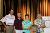 2014 winner Donna Barnard accepting trophy from Pros Ken Steinke and Mike Jahaske with 2013 winner Ann Martin