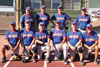 2014 Labor Day Tournament Community League Champion – SaddleBrooke R Us, back row: George Corrick, John Vosper, Brian Stevens and Greg West; front row: Tom Klein, Dave Stevens, Jake Jacobson, John Perfetti, Greg Morgan and Charles Hendryx; photo by Pat Tiefenbach