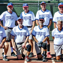 2014 Labor Day Tournament Coyote League Champion – Vantage West Credit Union, back row: Dominic Borland, George Corrick, Larry Cusumano and Dale Norgard; front row: Rob Gish, Dave Stevens, Allan Kravitz and Alan Stein; photo by Harold Weinenger