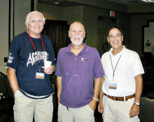 Bob Koblewski, Dan Weiss and guest visiting during pre-meeting social time; photo by Bill Brennan