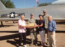 Left to right: George Bidwell, President STS; A/F Major Paul Jefferson; Barb Garve, ANG Family Support; A/F M/Sergeant Trevor Harvey; Sheldon Israel, VP STS - Delivering $4500 worth of food cards to Military