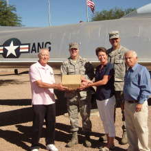 Left to right: George Bidwell, President STS; A/F Major Paul Jefferson; Barb Garve, ANG Family Support; A/F M/Sergeant Trevor Harvey; Sheldon Israel, VP STS - Delivering $4500 worth of food cards to Military