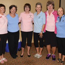 Winners two of two: SaddleBrooke winners from left (wearing pink) are Maude Ruffin, Mary Beth Snyder and Carol Ratza. The ladies in blue are the Quail Creek Putters.