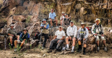 Aravaipa Canyon hiker/photographers, front: Dick Kroese, Ron Taylor, Doug Armstrong, Bob Shea, Kent Banta, Richard Spitzer and Byron Cotter; back Dan Garand, Bill Todd and Connie Sparbel; photo by Bob Shea