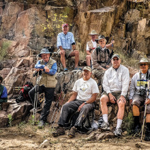 Aravaipa Canyon hiker/photographers, front: Dick Kroese, Ron Taylor, Doug Armstrong, Bob Shea, Kent Banta, Richard Spitzer and Byron Cotter; back Dan Garand, Bill Todd and Connie Sparbel; photo by Bob Shea