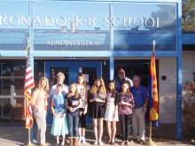 From left, front: Assistant Principal Michele Goodman, Emeline Segmiller, Hannah Tarpley; Back: Catalina Mountain Youth Activities Coordinator Peggy Nelson, Zara Bauer, Gracie Brinkerhoff, Hannah Irwin, Ruby Bemis, Principal Gerad Ball and Catalina Mountain Americanism Chairman Al Peterson. .