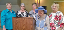 Left to right: Janice Hacking, treasurer; Mary Ann Mehlhorn, first vice president; Barbara Treick, president; LaVerne Tucker (in hat) second vice president; and Paulette Stark, secretary; photo courtesy of Kay Lantow