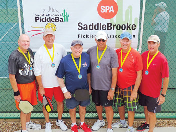 4.0+ Men’s Doubles, left to right: Bob Long, Bob Shelton – Bronze; Mark Van Matre, Bob Koerner – Gold; Ed Szympruch, John Tancock – Silver