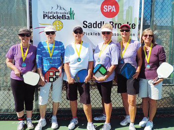 3.0 Women’s Doubles, left to right: Nancy Richter, Julie Brown – Silver; Linda Deuel, Susie Arnold – Gold; Karol Jackson, Shirley McCarey – Bronze