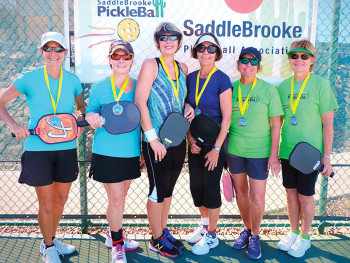 3.5 Women’s Doubles, left to right: Cindy McNown, Linda Bailey – Silver; Tina Huber, Kathy Jensen – Gold; Mary Gajeske, Gail Campbell – Bronze