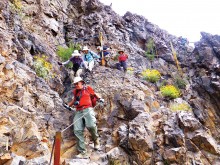 The Picacho Peak Loop was hiked to view the traditional display of Mexican poppies, lupine and globemallow below Picacho Peak. The hike to the top of the peak was an adventure as shown in the accompanying photo. Hikers were Cheryl Werstler, Karen Cusano, Anne Stanley, Harry Good, Jeff Traft, Neil Christensen and Elisabeth Wheeler.