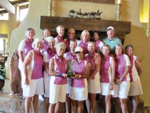 SaddleBrooke Ryder Cup Team from left, back row: Lee Anne McClelland, Maire Ryan, Kay Kunze, Brenda Brown, Judy Melo, Becky Hubbard and Pro Bernie Eaton; front row: Reenie Romey, Phyllis Sarrels, Molly Fullerton, Deb Finn, Jean Molitor, Kerry Crowell and Sandra Murray; foreground: Team Captains Charley Johnson and Takeyo Eakin