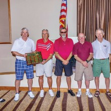 Mike Jahaske and past presidents Jon Michels, Chuck Kelsey, John Borchert, Tom Pryde, Ed Koch and current President Dennis Marchand receiving the plaque