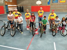 Winners from the Mammoth STEM Elementary School shown here with Cyclemasters  (left to right) Jack and Susan Rose, Program Coordinator Ken Perkins and Co-President Jim Bevan