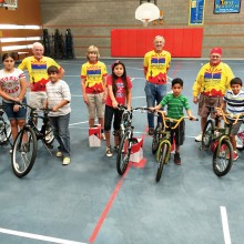 Winners from the Mammoth STEM Elementary School shown here with Cyclemasters  (left to right) Jack and Susan Rose, Program Coordinator Ken Perkins and Co-President Jim Bevan