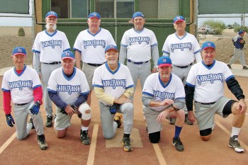2015 Winter Season Thursday Coyote League Champion – HomeTeam Pest Defense. Back row: Steve Sahl, Dale Norgard, Jim Dunlap and Jerry Cowart; front row: Vern Boothby, Ed Cussick, Paul Butler, Dominic Borland and Jim Takacs; photo by Pat Tiefenbach