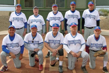 2015 Winter Season Thursday Coyote League Champion – Patrick Shaffer Dentistry. Back row: Mike Hood, Mike Hamm, Gary Oberg, Howie Emmons and Rich Battagello; front row: John Nola, Ron Quarantino, Jim Westerberg, Jerry Cowart and Jack Graef; photo by Pat Tiefenbach