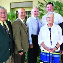 Attending the Resurrection Church First Anniversary Service were (from left) Pastors Palmer Ruschke, Roger Pierce, Wayne Viereck, Susanne Havlic, Al Jensen and Roy Guinn. Not pictured are Pastor Jim Vadis and Intern Stephen Hilding.