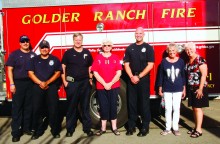 SaddleBrooke Fire Station from left: Captain Ryan Miller, Engineer Abel Gastellum, Fire Medic Walt Schmidt, Ellen Nelson, Firefighter Ruben Bravo, Barbara Hoag and Kathy Peters