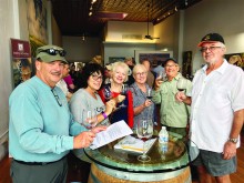 “Salute” Francophiles Bob Kramer, Barb Sprouls, Pat Smith, Kathleen and Dave Sharp and Dick Snyder