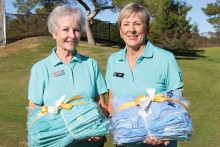 On November 7 women from the Mountainview/Preserve Ladies Niners (MPLN) joined a Tucson Girls Golf event, sponsored by the LPGA and USGA, to donate over 30 new MPLN league shirts to the girls who participated in the program. Pictured here are Joyce Sutay, MPLN President and Susan Elliott.