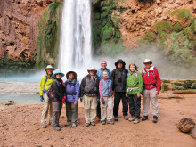 At the base of Mooney Falls, left to right: Frank Earnest, Dianne Ashby, Elaine Fagan, Rob Simms, Phil McNamee, Bertie Litchfield, Ken Wong, Marge Wong and Walt Shields; photo by Stewart Lasseter.