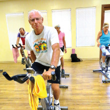 Bill Powell joins fellow SaddleBrooke Indoor Cyclists in one of the six weekly spin sessions.