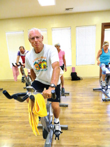 Bill Powell joins fellow SaddleBrooke Indoor Cyclists in one of the six weekly spin sessions.