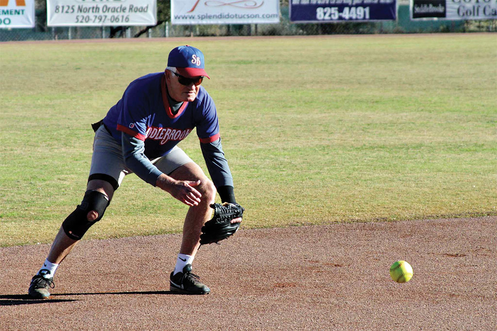 Shortstop Stu Kraft is ready to get the ground ball hit right to him; photo by Jim Smith.