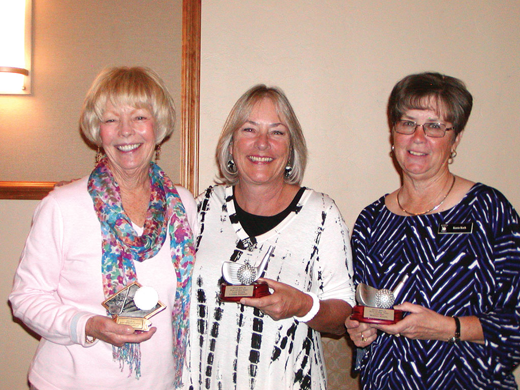 MPLN 2015 Aces of the Year (gross and net) and Most Improved Player, left to right: Diane Mazzarella, Linda Allison, Karen Koch