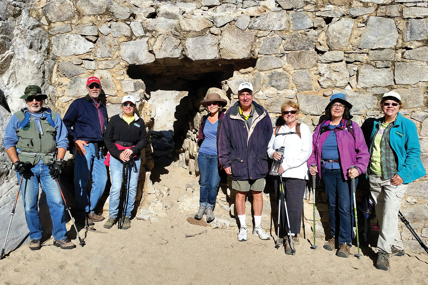 Hole in the Wall Gang at Honeybee Canyon, SaddleBrooke Hiking Club, left to right: Mark Schwartz, William Brown, Georgette Brown, Lola Lee, Dave Sorenson, Marge Thor, Barb Nicholson, Barbara Wilder; photo by Karen Schickedanz.