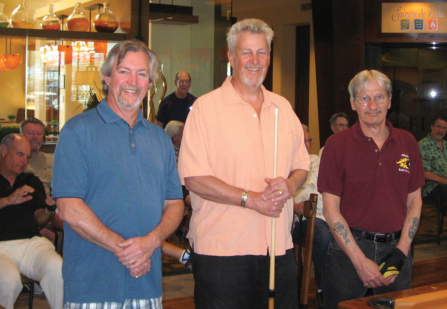 Dominic Borland (TD), Jay Clary, winner of the cue/case from Linsay’s Quality Cues, Joe Giammarino (TD)