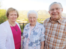 Pastor Palmer Ruschke with wife Lois and Ann Patterson-Barton