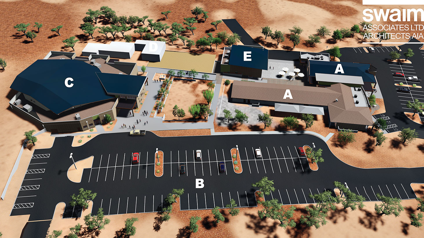 A - existing sanctuary; B - new parking lot; C - new sanctuary; D - new children’s building; E - new youth building