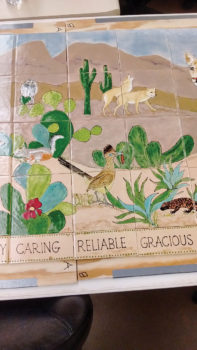 A section of the mural to be placed at the entrance to Mountain Vista School in Oracle depicts the animals and plants in the Sonoran Desert.