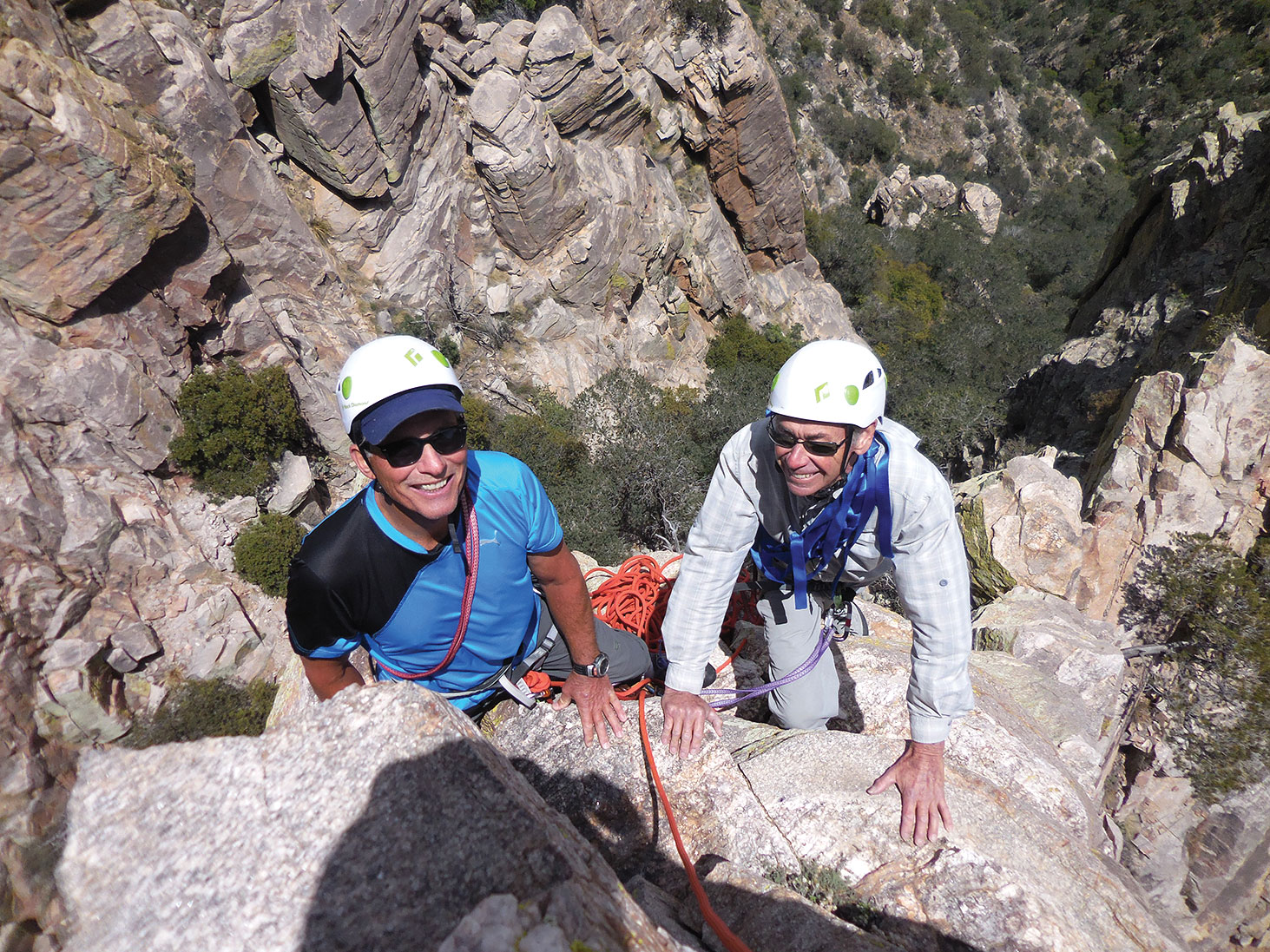 Mike Wolters and Frank Earnest at the top belay station; photo by Roy Carter