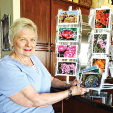 Dolores Root examines a few of the notecards she’s created featuring some of her award-winning photographs.
