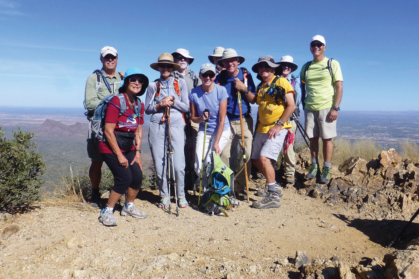 On top of Wasson Peak: Dave Corrigan, Elisabeth Wheeler, Margaret Valair, Fred Norris, Joyce Maurizzi, Rob Simms, Joe Maurizzi, Sy Efron, Myrna Simms and Mike Wolters; photo by Sharon Simpson