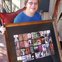 Barbara Wilder displays her Maine: A to Z and 0 to 9 photo collage.