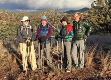SaddleBrooke hikers at the Parker Canyon Lake Trailhead are (left to right) Fred Norris, Aaron Schoenberg, Donna Cano, and Pete Canon; photo by Frank Earnest.