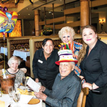 Preserve Birthday Bonanza; pictured with Fred, left to right: guest Susanne Mosier, staff members Amy, Mary Lee and Kayla; photo by Rodger Bivens