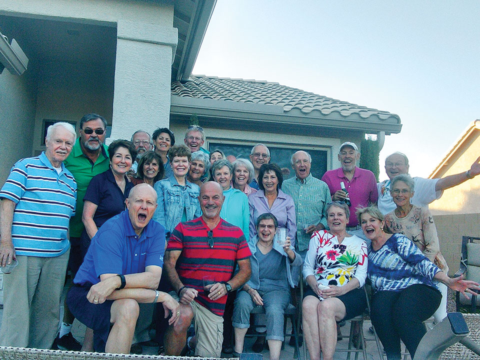 The CCSB’s choir and their spouses gathered for a patio party at the Kari home.