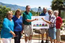 Left to right: Senior Village Board Members Sandy Morse, Stephanie Thomas and Gary Hammond receive a generous grant donation from SaddleBrooke Health Fair Planning Committee members David Eisenhauer, Ken Siarkiewicz and Marjorie Eisenhauer.