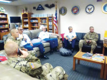 Troops passing through Tucson International Airport in July 2017 enjoy a travel break at the MLO. Photo by Marleen Miller