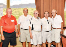 Winning team, “Graf’s Gang,” receives their prize. From left: Randy Spencer (tournament treasurer), Al Storey, Larry Kraber, Don Stone and Don Graf