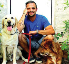 Therapy dog handler Jeremy Brown and two therapy dogs; Brown will speak at MountainView East Ballroom November 17, courtesy of the SaddleBrooke Dog Park Association. The talk is free and open to all.